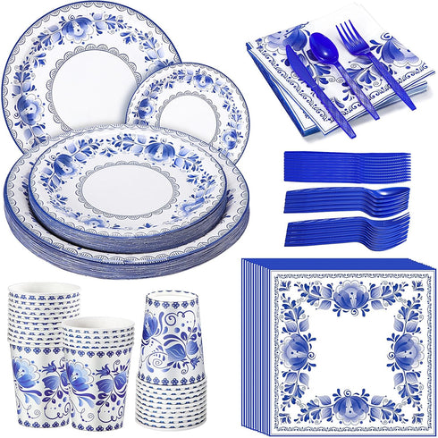 175 Pcs Blue White Floral Disposable Tableware Set for 25 Guests - Paper Plates, Napkins, Cups, Cutlery for Parties