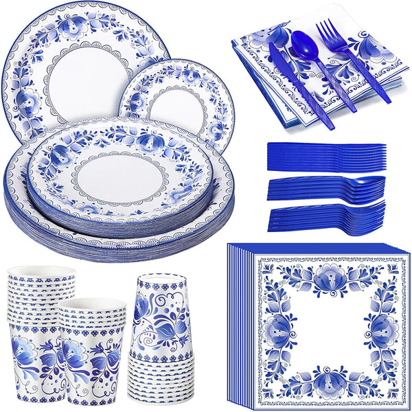 175 Pcs Blue White Floral Disposable Tableware Set for 25 Guests - Paper Plates, Napkins, Cups, Cutlery for Parties