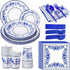 175 Pcs Blue White Floral Disposable Tableware Set for 25 Guests - Paper Plates, Napkins, Cups, Cutlery for Parties
