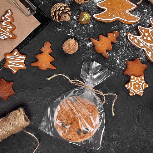 100 Pcs Clear Flat Cello Cellophane Treat Bags 10 in x 6 in with 5 Random Twist Ties for Bakery, Cookies