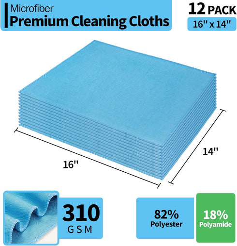 Microfiber Glass Cleaning Cloth - 12 Pack, 16" x 14" Streak Free Towel for Delicate Surfaces