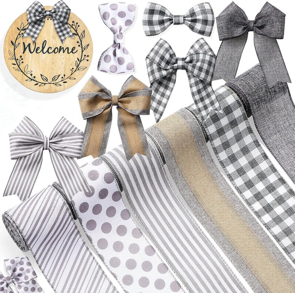 6 Rolls 30 Yards Farmhouse Wired Ribbon 2.5 Inch Candy Cane Striped Polka Dot Buffalo Plaid Craft Ribbon for Party