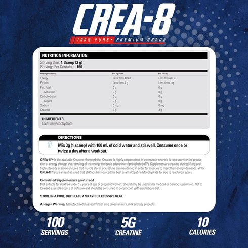 EHP Labs CREA-8 Creatine Monohydrate Powder - Unflavored Supplement for Muscle Growth, 100 Servings (500g)