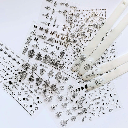 NAIL ANGEL 24 Sheets Nail Art Black Sticker, Moon and Star Universal Flower Shapes