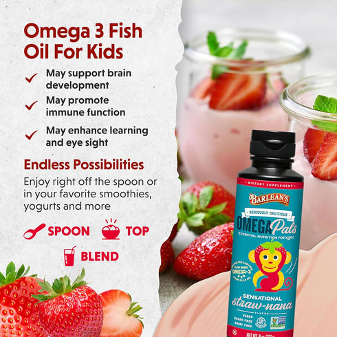 Barlean's Omega Pals Omega 3 for Kids - Yummy Straw-Nana Flavored Liquid Flax Seed Oil Supplement, 8 oz