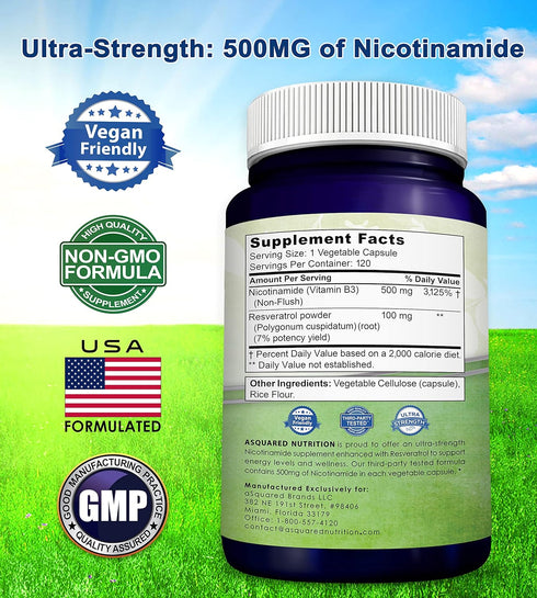 aSquared Nutrition Nicotinamide with Resveratrol, 120 Veggie Capsules, Vitamin B3 500mg, NAD Support