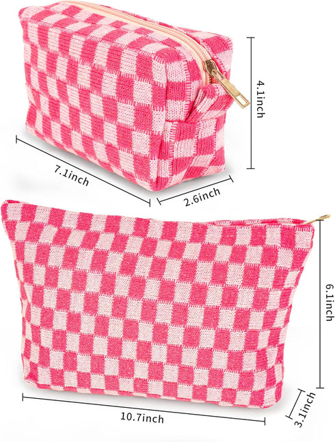 2-Pack Makeup Bag for Women, Large Checkered Knitted Cosmetic Bags & Small Pouch, Travel Toiletry Bag (Pink)