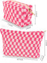 2-Pack Makeup Bag for Women, Large Checkered Knitted Cosmetic Bags & Small Pouch, Travel Toiletry Bag (Pink)