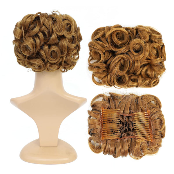 SWACC Short Messy Curly Dish Hair Bun Extension, Easy Stretch Combs, Clip in Ponytail, Strawberry Blonde-27#