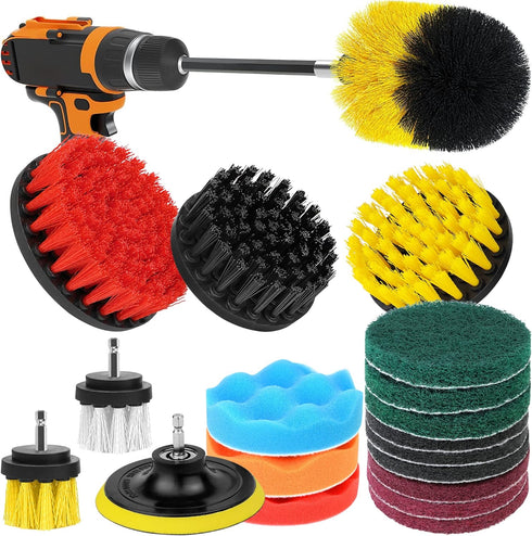Drill Brush Attachments 20 PCS Scrub Pads & Sponge Power Scrubber Brush with Extend Long Rod for All Purpose Cleaning