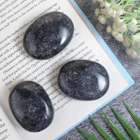 Indigo Gabbro Palm Stone, Large Oval Worry Stone for Chakra Healing, Hand Carved Pocket Massage Stone (55-60mm)