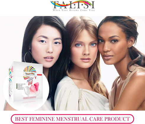Talisi Menstrual Cups Set of 2, Soft Reusable Period Kit with Collapsible Cleaner Silicone Sterilizer (Small & Large)