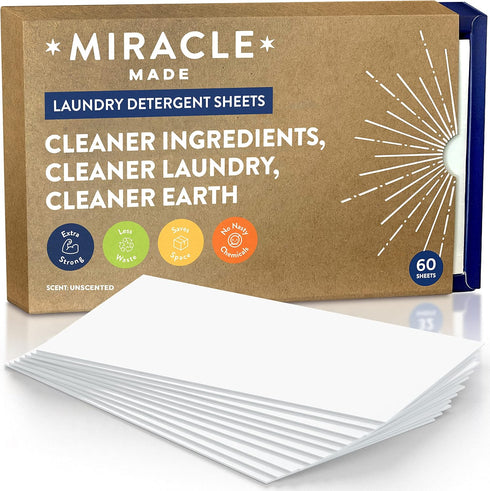 Miracle Made Liquidless Laundry Detergent Sheets, Eco-Friendly, Gentle Fabric Softener, 60 Strips (120 Loads) -