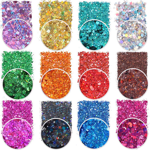 Holographic Chunky Glitter Sequins - 12 Colors Mixed Cosmetic Glitter for Face Body Eye Hair Nail Art Makeup