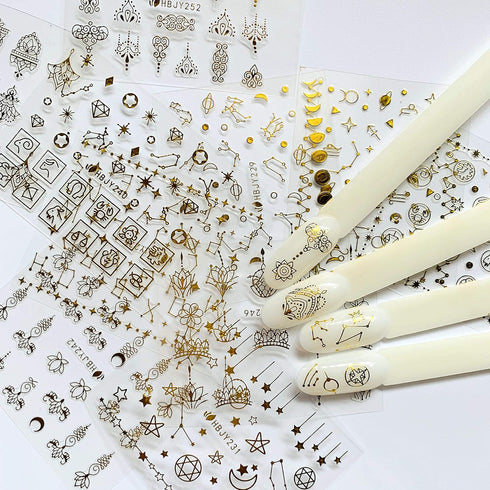 NAIL ANGEL 24 Sheets Nail Art Adhesive Gold Color Sticker Sheets - Moon Star & Flower Shapes