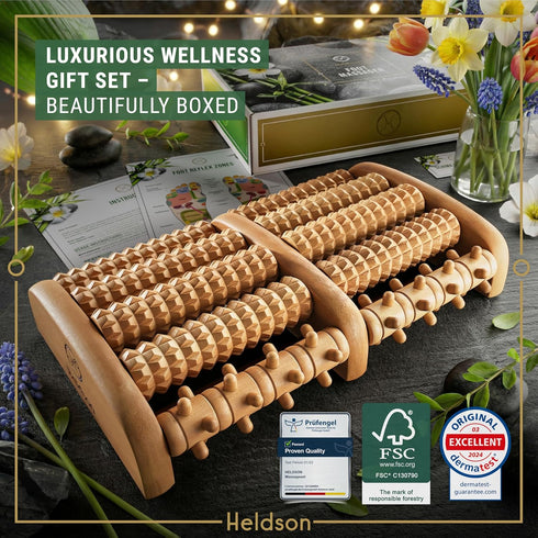 HELDSON Foot Massager Roller Plantar Fasciitis Pain Relief - Wooden Under Desk Feet Massage - Dual Manual Heel