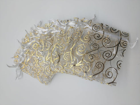 100pcs Sheer Organza Favor Bags for Wedding Baby Shower, Rattan Print Drawstring Pouches, 4x6 inch, White