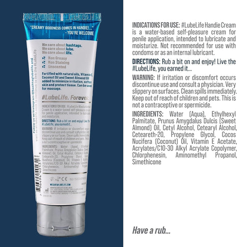 Lube Life Handie Cream, Water-Based Lube for Men and Couples, Made with Natural Ingredients, Creamy Texture, 4 Fl Oz