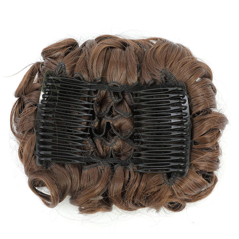 SWACC Short Messy Curly Dish Hair Bun Extension, Easy Stretch Combs, Clip in Ponytail, Medium Ash Brown-8#