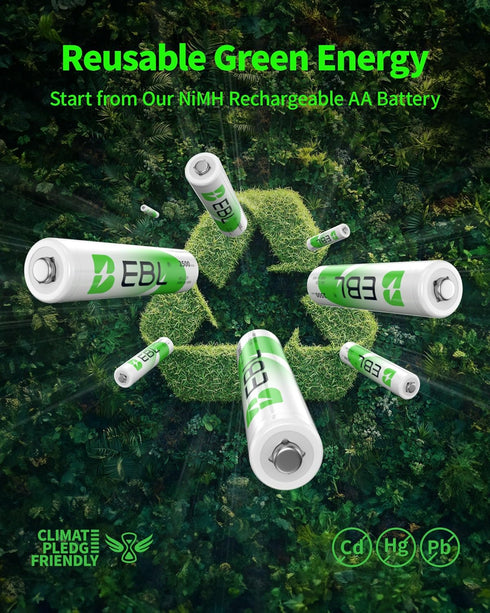 EBL AA Rechargeable Batteries - 1.2V 2500mAh High Performance Pre-Charged AA Batteries, 4 Pack