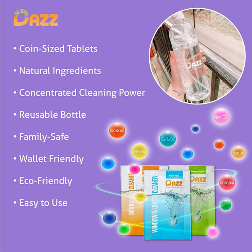 DAZZ Whole House Starter Kit, 3 Reusable Spray Bottles & 6 Refills, Eco Friendly Cleaners