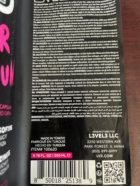 L3 Level 3 Hair Serum, Repairs Damaged Hair, Softens and Smooths, Reduces Frizziness