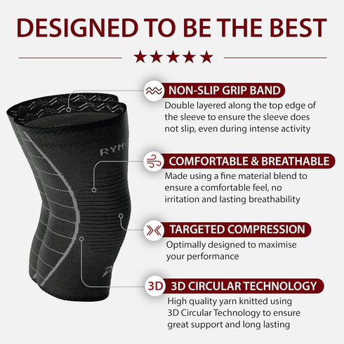 Rymora Knee Support Brace Compression Sleeves for Men and Women for Ligament Injury, Joint Pain Relief, Running