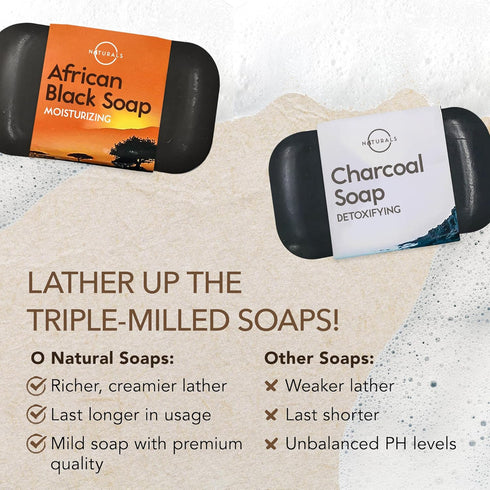 O NATURALS 100% Natural Bar Soap Gift Set, Organic Ingredients & Essential Oils, 6PC Black Soap Collection