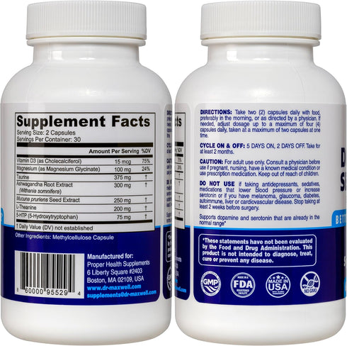 Serotonin and Dopamine Supplements, Mucuna Pruriens, 5-HTP for Normal Neurotransmitter Levels, 60 Capsules for Women Men