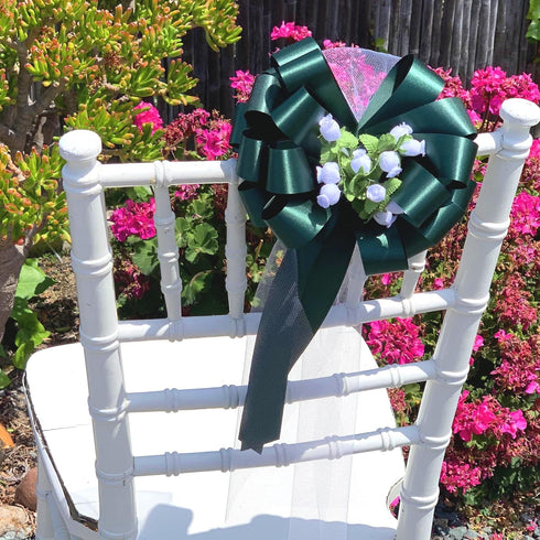 Hunter Green Pull Bows with Tulle Tails and Rosebuds, Set of 6, 8" Wide, Spring Wedding Aisle Decoration