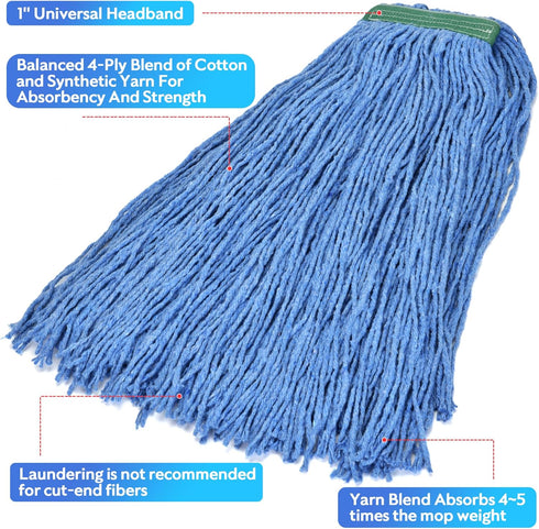 MATTHEW CLEANING 16oz 3Pack Cotton Floor Mop, Heavy Duty String Mop Refills, Universal Headband Blend Mop
