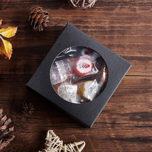 BENECREAT 24 Pack Black Kraft Paper Boxes with Clear Window, 3x3x1.2 for Bakery Cookies Cake Candy Gift Packaging