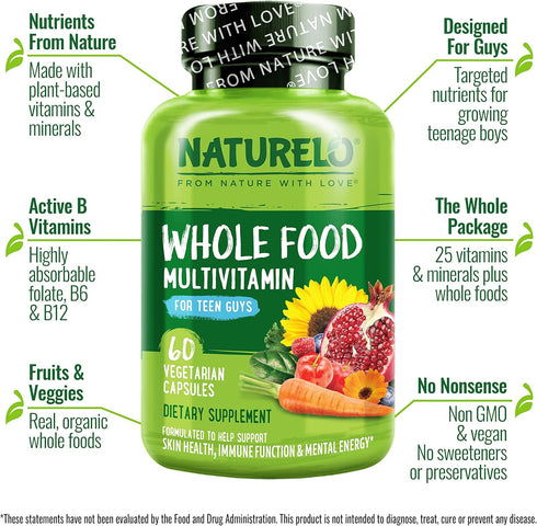 NATURELO Whole Food Multivitamin - Vitamins and Minerals Supplement for Teenage Boys, 60 Count (Pack of 2)