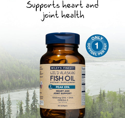 Wiley's Finest Wild Alaskan Fish Oil Peak EPA - Triple Strength 1000mg Omega-3s, SQF-Certified - 60 Softgels (60