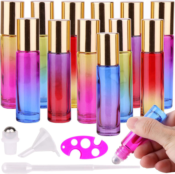 inice 12 Pack Gradient Color Roller Bottles, 10ml Glass Essential Oils Applicator with Golden Metal Cap