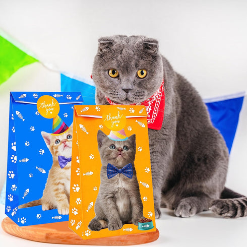 Cat Gift Bags Kitten Paper Goodie Bags, 12PCS for Kids Birthday, Pet Adoption, Cat Theme Party Supplies