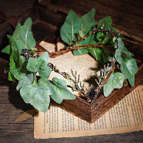MOSTORY Woodland Leaf Fairy Crown, Floral Elf Headpiece Green Leaf Headband for Women Renaissance Masquerade