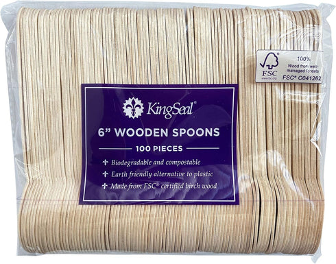 KingSeal 100 pcs Disposable Birch Wood Cutlery Spoons, Biodegradable and Earth Friendly, 6.25 Inch