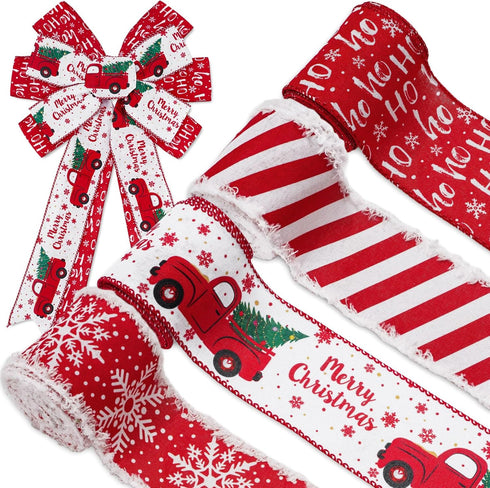 AnyDesign 24 Yards Christmas Wired Edge Ribbon, Red White Xmas Snowflake Truck Fabric Craft Ribbon for Gift Wrapping, 4