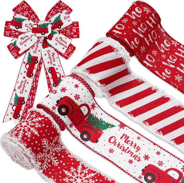 AnyDesign 24 Yards Christmas Wired Edge Ribbon, Red White Xmas Snowflake Truck Fabric Craft Ribbon for Gift Wrapping, 4
