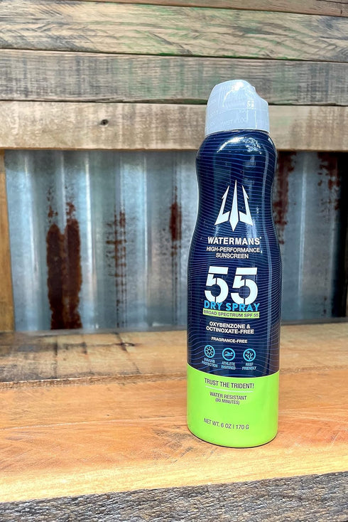 Watermans SPF 55 Dry Spray Sunscreen, Reef Safe, Broad Spectrum for Face and Body, Fragrance Free, Oxybenzone Free