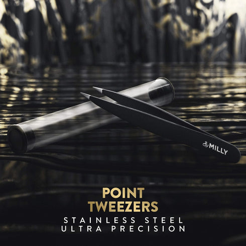 Pointed Tweezers, High Carbon Stainless Steel Needle Nose, Fine Point Precision Hair Removal, Black
