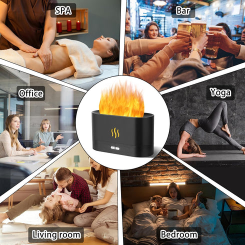 Flame Diffuser Humidifier with Fire Flame Effect, 180ml Aroma Humidifier, Auto Off, 2 Modes, Black for Home, Office,