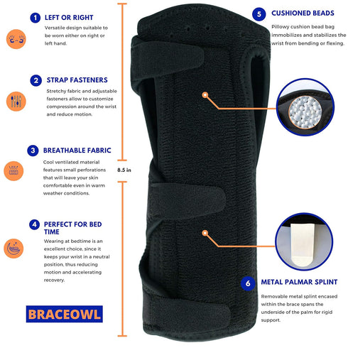 BRACEOWL Adjustable Night Splint Carpal Tunnel Wrist Brace for Pain Relief, Tendonitis & Arthritis – Fits Left or Right