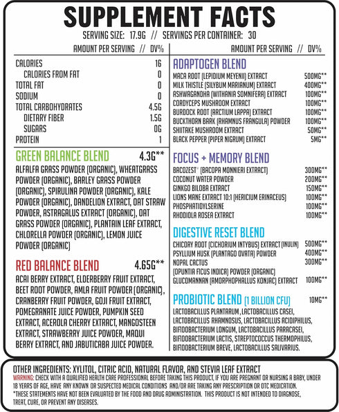 Greens and Reds Superfood Powder - 42 Superfoods, Antioxidants, Adaptogen, Probiotics for Digestive Health