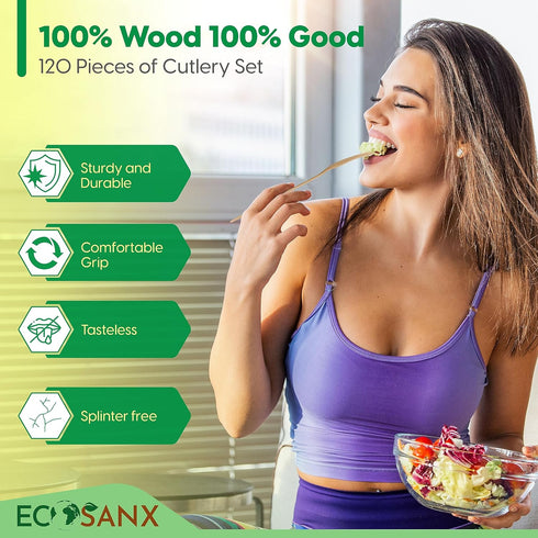 120 PCs Wooden Cutlery Set, 6.5" Compostable Utensils, Biodegradable Bamboo Utensils for Outdoor and Parties