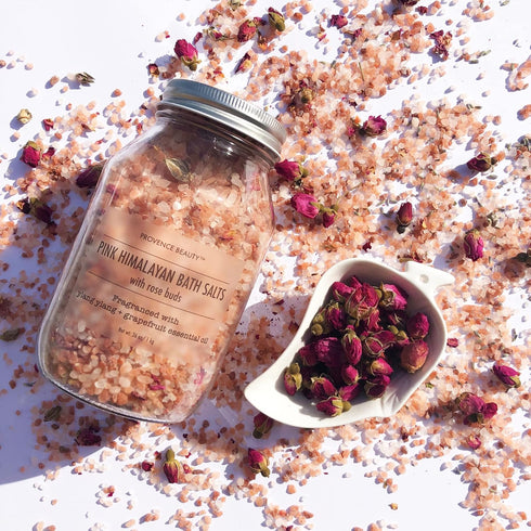 Pink Himalayan Bath Salt with Rose Petals, 100% Natural Aromatherapy, Ylang Ylang Grapefruit Essential Oil Bath Salts