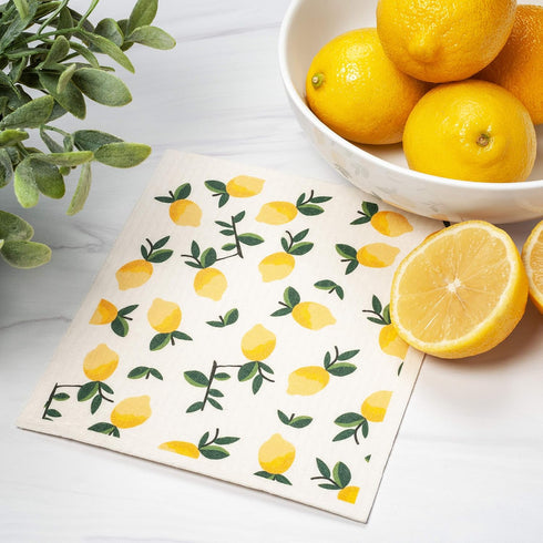 Swedish Dishcloths 3 Pack Yellow Lemons Print, Reusable Sponges Kitchen Cleaning Cloth Dish Scrubber, Machine Washable, Measures 7.87”x6.88 inches. by Globetrotting Merchant