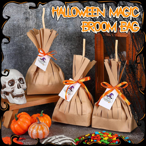 Watersay 24 Set Halloween Treats Bags, DIY Witch Broom Bag with Orange Ribbon for Halloween Party Decorations