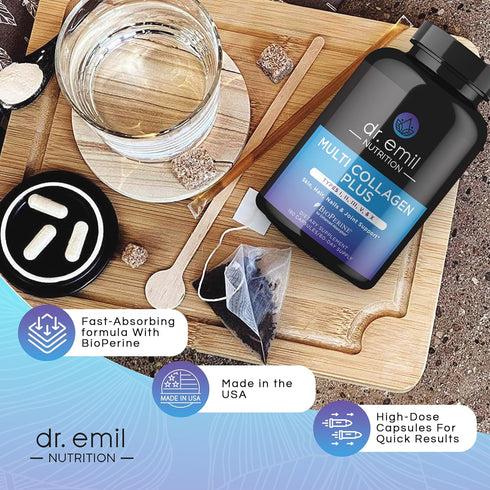 DR. EMIL NUTRITION Multi Collagen Pills - 180 Capsules for Hair, Skin, Nails, & Joints, Hydrolyzed Collagen